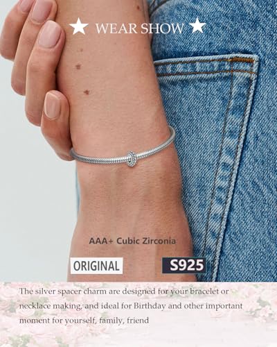KEQ 925 Silver Spacer Stopper Bead Charms Clearance for Pandora Bracelets Birthstone CZ Always Stopper Birthday Gifts for Mom Grandmom Granddaughter Wife Sisters Friends - color: Silver(1 Pcs)