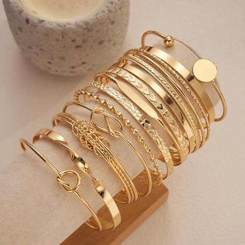 FAXHION Gold Bangle Bracelets for Women, 14 Pcs Multi Layer Stackable Bangle Set, 14K Gold Plated Textured Chunky Bracelets Boho Jewelrys Set - style: Gold A-14 pcs