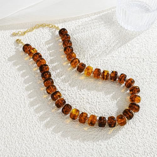 Chunky Beads Necklace for Women Trendy Gold Puffy Heart Choker Necklace Colorful Resin Beaded Heart Pendant Necklaces Statement Jewelry - color: Brown
