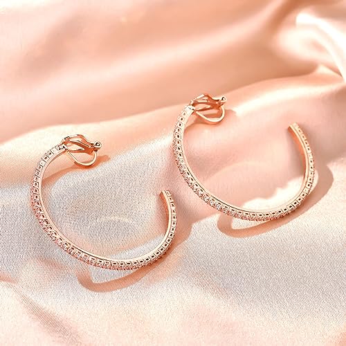 YOQUCOL 4.3CM(1.7in) Clip On Hoop Earrings Cubic Zirconia Non Pierced Ears Hoops for Women - color: Rose Gold