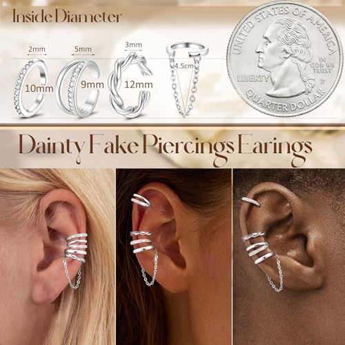 4Pcs Ear Cuffs Non-Piercing for Women Dainty 14K Gold Plated Clip On Cartilage Earrings Hypoallergenic Huggie Hoop Cuffs Fake Earings for Non Pierced Ears - color: Double-White Gold Plated