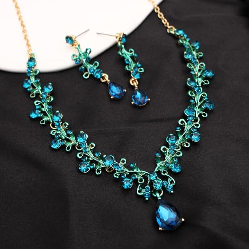 3Pcs Austrian Crystal Jewelry Set for Women, Necklace Dangle Earrings Link Bracelet Jewelry Set with Gold/Platinum/Gun Plated, Wedding Party Jewelry for Bridal Bridesmaid - color: Blue-Gold Plated