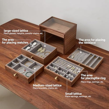 Black Walnut Jewelry Organizer, 4 Layer | Wooden Jewelry Box, For Women, For Necklaces Ring Earring - size: 4 Layer
