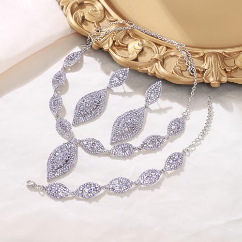 Flyonce Wedding Jewelry Set Rhinestone Crystal Bridal Leaf Necklace Drop Dangle Chandelier Earrings Sets for Women - color: Purple