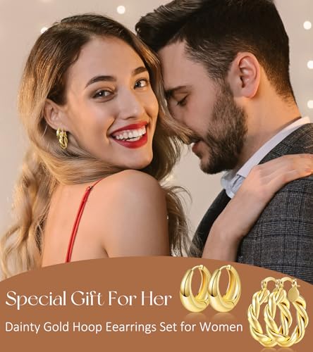 Adoyi 9 Pairs Gold Hoop Earrings Set for Womens Twisted Huggie Hoops Earrings 14K 18K Gold Plated for Girls Valentines Mother's Day Birthday Gifts Lightweight - color: 18K Gold Plated