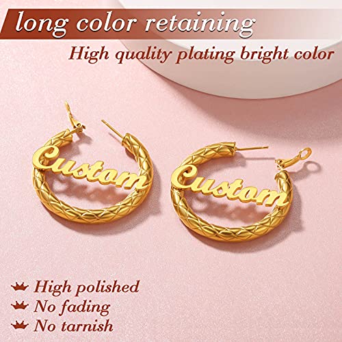 FindChic Chunky Hoop Earrings for Women, Silver/Black/14K Gold Plated Crossover Patterned Hollow Tube Rounded Loop Earrings, 30mm/40mm/60mm/80mm Hoops with Custom Name Options and Gift Box - color: f.Gold (Custom Name), size: 40MM