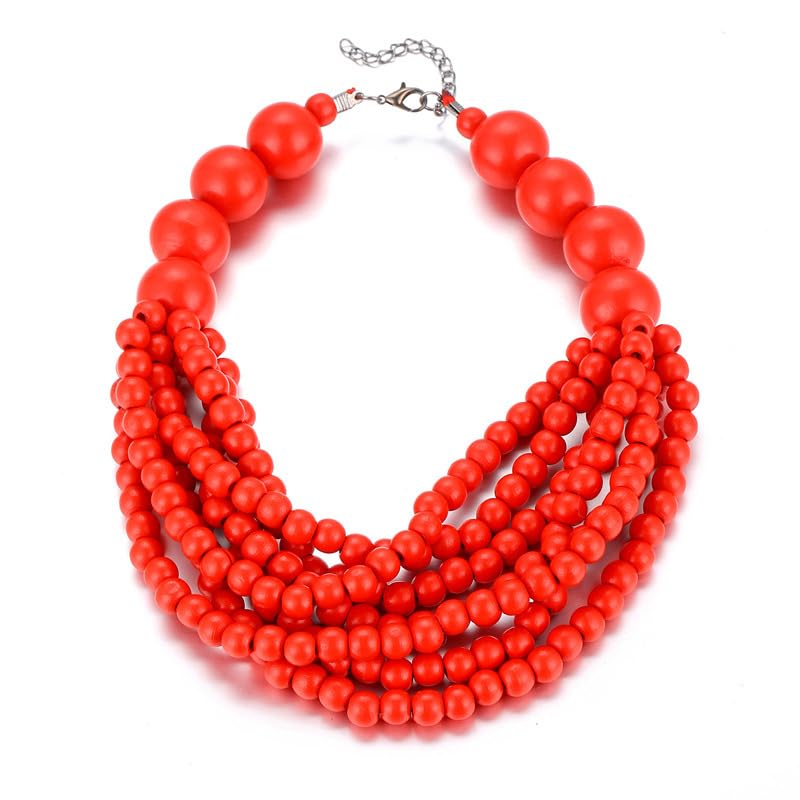COLORFUL BLING Boho African Wooden Beaded Strands Necklace Ethnic Layered Chunky Collar Choker Wood Necklace for Women Hip Hop Statement Jewelry - color: red