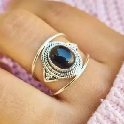 Retro Bohemian Statement Ring Oval Synthetic Moonstone Gemstone Rings for Women Man Daily Holiday Fashion Jewelry - color: black, size: 8