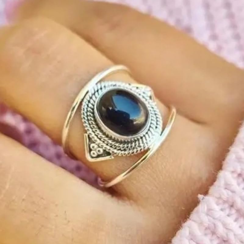Retro Bohemian Statement Ring Oval Synthetic Moonstone Gemstone Rings for Women Man Daily Holiday Fashion Jewelry - color: black, size: 9