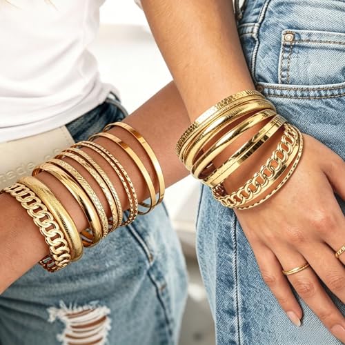 ÌF ME Gold Bangle Bracelets for Women, 19Pcs Multi Stackable Textured Bangles Set, 14K Gold Plated Chunky Bracelet Boho Jewelry Gifts - color: A-Gold-textured