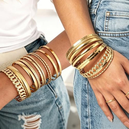 ÌF ME Gold Bangle Bracelets for Women, 19Pcs Multi Stackable Textured Bangles Set, 14K Gold Plated Chunky Bracelet Boho Jewelry Gifts - color: A-Gold-textured