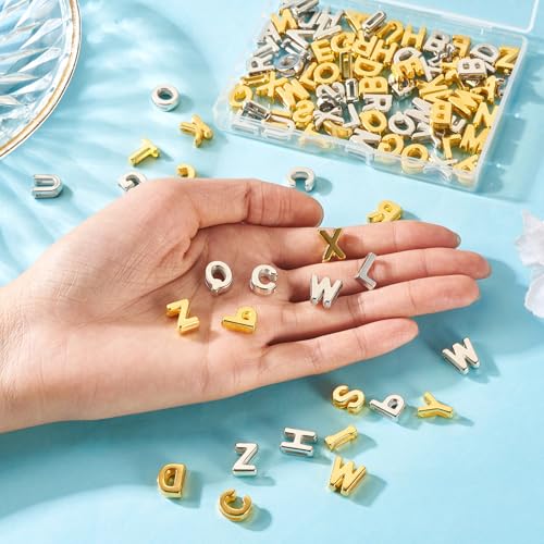 Beadthoven 104Pcs Full Letter Charms Acrylic A-Z Slider Charms Alphabet Letter Beads Golden Platinum Plated Initial Charm for DIY Necklace Choker Slide Wristbands Bracelets Jewelry Making Supplies