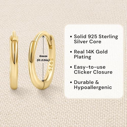14K Gold Plated 925 Sterling Silver Tiny Hoop Earrings, Thin Small Huggie Hoops, Hypoallergenic Lightweight Cartilage Earrings for Women Men, Multiple Piercings (6mm, 8mm, 10mm, 11mm) - style: Gold-6mm-1Pair