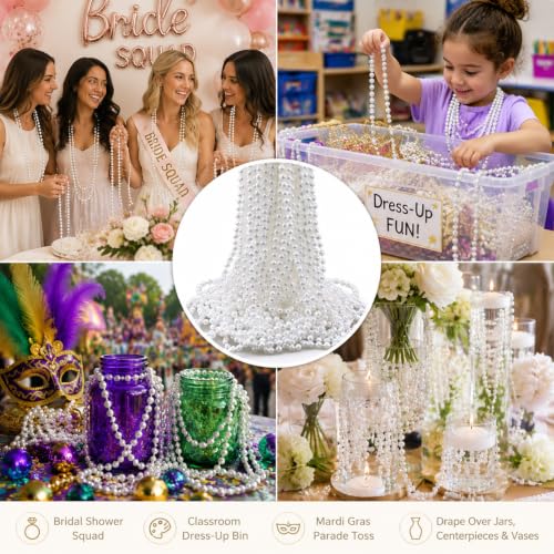 WEOXPR White Faux Pearl Bead Necklaces Bulk,Mardi Gras Beads Necklace,32 Inch Faux Pearl Necklaces for Women ，Party Decorations Necklace