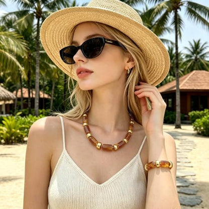 YBMYCM Colorful Resin Beaded Necklace Bracelet Set for Women, Adjustable Chunky Choker Necklace with Stretch Bracelet, Boho Statement Summer Beach Jewelry Gift for Her - color: Brown