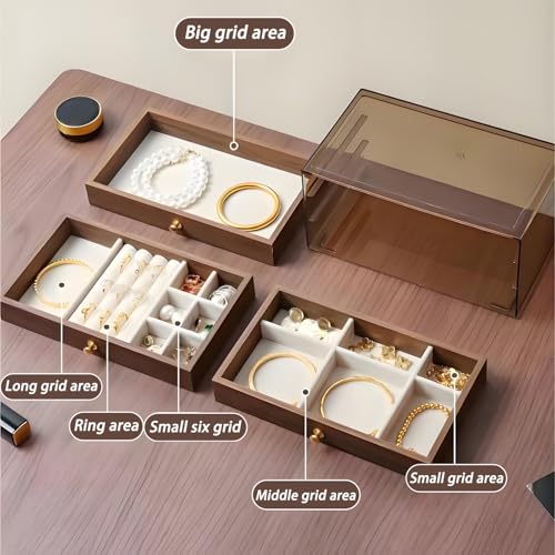 3-Layer Wood Grain Jewelry Box with mezzanine, Stackable Jewelry Organizer with Velvet Lining, Dustproof Jewelry Storage Case for Rings, Necklaces, Earrings, Bracelets (12)