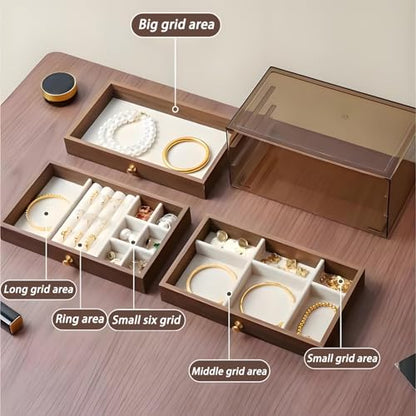3-Layer Wood Grain Jewelry Box with mezzanine, Stackable Jewelry Organizer with Velvet Lining, Dustproof Jewelry Storage Case for Rings, Necklaces, Earrings, Bracelets (12)