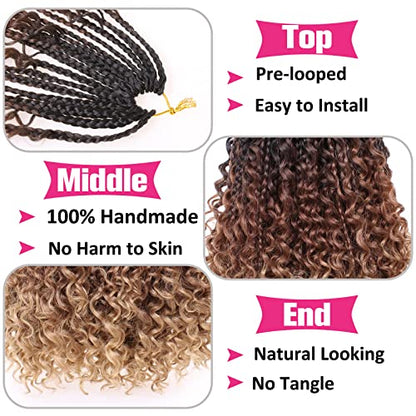 Unionbeauty 8 Packs 14 Inch Boho Box Braids Crochet Hair with Curly Ends Bob Bohemian Hippie Braids Pre-looped Messy Goddess Box Braids Hair Ombre Synthetic Braiding Hair Extension for Black Woman 53# - color: 53#, size: 14 Inch (Pack of 8)