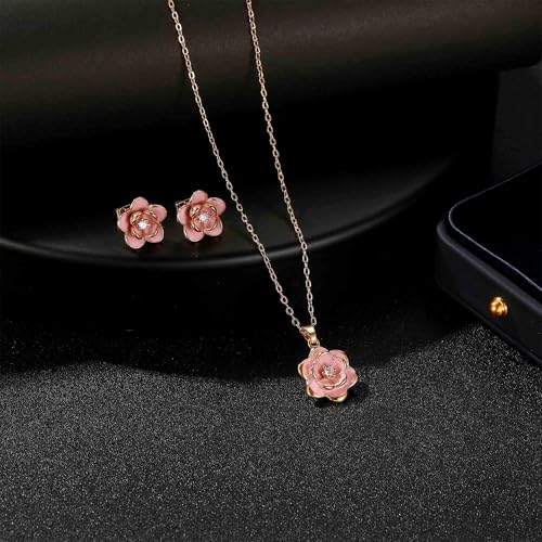 EVEVIC Dainty Flower Pendant Necklace Earrings for Women 14K Gold Plated Hypoallergenic Jewelry Sets - color: Pink /Rose Gold-tone