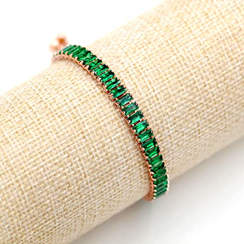 Uloveido Classic Emerald Cut Rectangular Cubic Zirconia Eternity Tennis Bracelet Adjustable for Women Y1788 - color: Rose Gold-Dark Green