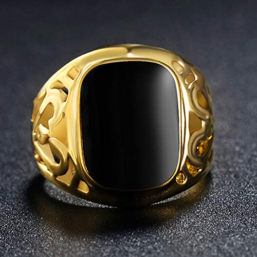 Star Jewelry Signet Pinky Ring with Black Square Enamel 18K Gold Plated for Men and Women Size 6-14