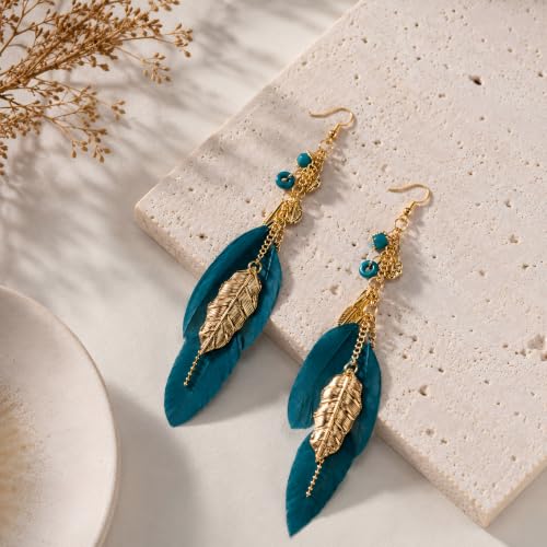 FRESHME Native American Earrings for Women - Ethnic Boho Feather Dangle Jewelry with Tessel for Birthday Party Photoshoot - color: Blue