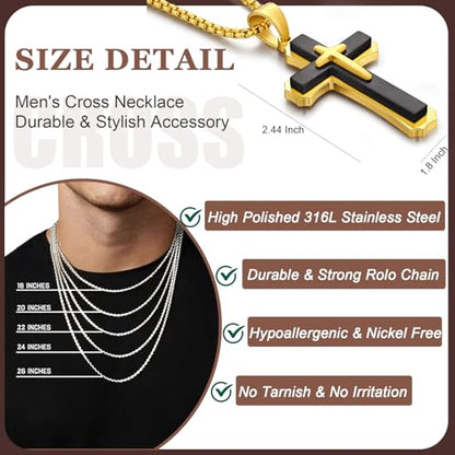 Men's Cross Necklace 316L Stainless Steel Large Heavy Cross Pendant for Men Polished Jewelry Rolo Chain with 22'' 24'' 26'' - color: G-Black and Gold-Tone, size: 24 inch