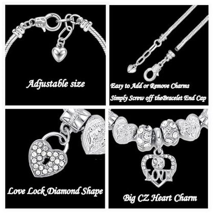 Silver Cross Heart Glass Bead Snake Charm Bracelet Jewelry Gifts for Women | Elegant Bracelet with Heart Beads, Silver Cross and Snake Chain Design, Stylish Daily Jewelry, Ideal Birthday Gift for Ladies