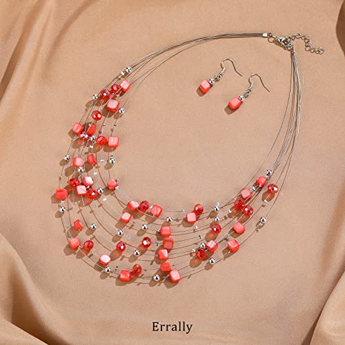 Multi-Layer Boho Shell Beaded Necklace for Women Colorful Crystal Strand with Silver Beads Statement Collars Necklace and Earrings Costumes Jewelry Sets for Women - color: Red