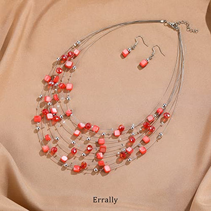 Multi-Layer Boho Shell Beaded Necklace for Women Colorful Crystal Strand with Silver Beads Statement Collars Necklace and Earrings Costumes Jewelry Sets for Women - color: Red