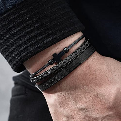 WFYOU 3PCS Stainless Steel Imperial Crown Bracelets for Men Gold Roman Numeral Bangle Bracelet Adjustable Cuff Bracelet Mens Luxury Jewelry Gifts - style: 05:Black-Cross