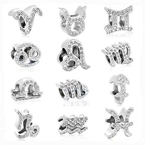 12 Zodiac Signs Birthday Constellations 925 Sterling Silver Charm Bead fits Pandora Bracelets & Necklaces & More - color: Aquarius
