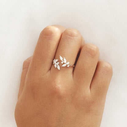Gold Rings Non Tarnish Silver Adjustable Rings for Women Cubic Zirconia Leaf Ring Dainty Silver Stackable Ring for Women - style: silver
