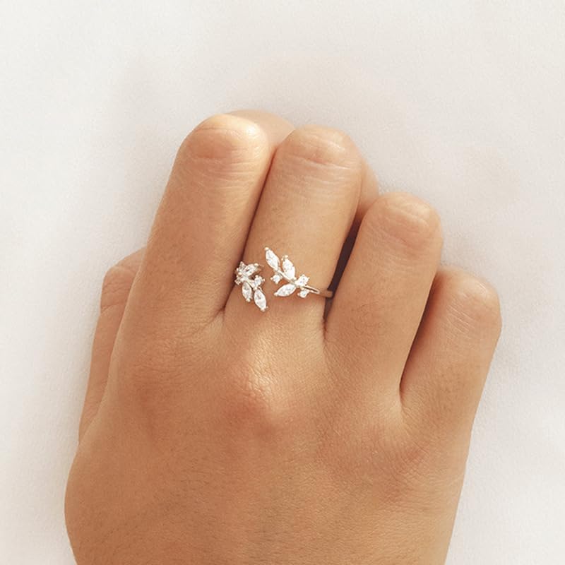 Gold Rings Non Tarnish Silver Adjustable Rings for Women Cubic Zirconia Leaf Ring Dainty Silver Stackable Ring for Women - style: silver