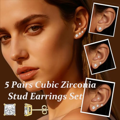6 Pairs Cubic Zirconia Stud Earrings for Women/Men - Round Cut 4 Prong Settings 18K Gold Plated Hypoallergenic 3-8mm Clear Earrings Set - color: 3-7mm Gold - Square 4 Prong