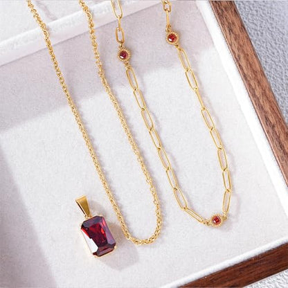 Birthstone Layered Pendant Paperclip Necklace 18k Gold Plated Heart Choker Chain Necklace Emerald Cut Jewelry Birthday Gift for Women - color: Emerald-Cut Ganet