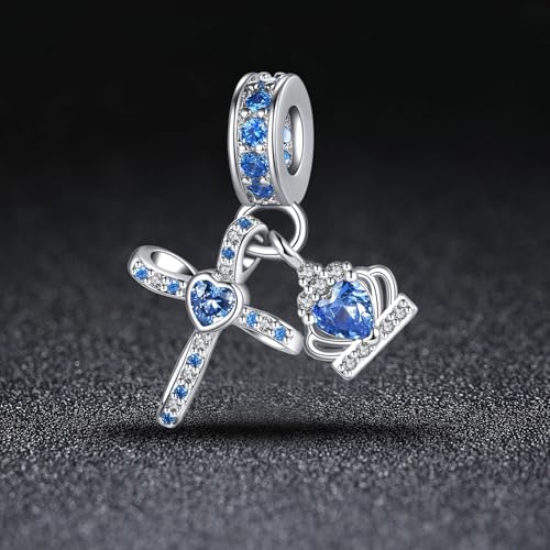Silver Cross Birthstones Charm Fit for Pandora Charms Bracelet Crown Dangle Charms Beads Birthday Jewelry Gifts for Women - style: December