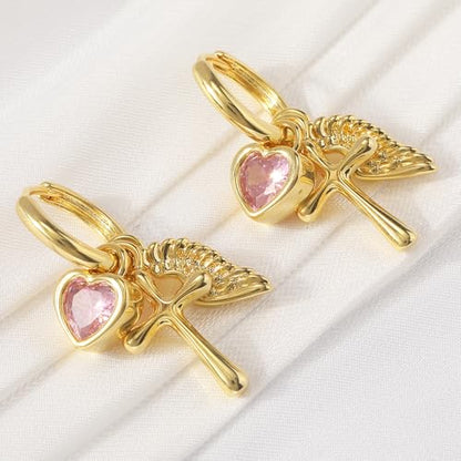 Dangle Gold Charm Earrings for Women 14K Gold Plated Bow Cherry Rose Zirconia Dragonfly Love Heart Wing Cross Pearl Conch Seashell Huggie Hoop Earring Drop Cross Trendy Party Jewelry Gifts for Women - style: Cross and Wing
