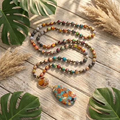 Gmai Boho Necklace for Women Long Beaded Pendant Necklace Natural Stone Teardrop pendant Jewelry Festival Vacation Gift Everyday Handmade Unique Statement Necklace - color: orange
