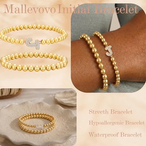 Initial Stack Bracelet Set for Women Trendy 14K Gold Plated Beaded Stackable Stacking Stretch Name Bracelets Dainty Friendship Waterproof Charm Cute Birthday Jewelry Gifts for Women - color: Initial J