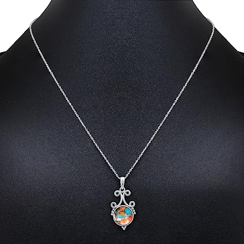 Natural Round Gemstone Pendant Necklace for Women, 925 Sterling Silver | Solitaire Birthstone Jewelry With 18 Inch Chain, Handmade Semi Precious Stone Pendant, Jewelry Gift for Mom, Wife & Sister - color: Oyster Copper Turquoise