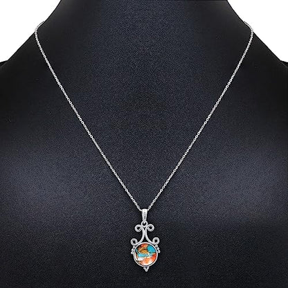 Natural Round Gemstone Pendant Necklace for Women, 925 Sterling Silver | Solitaire Birthstone Jewelry With 18 Inch Chain, Handmade Semi Precious Stone Pendant, Jewelry Gift for Mom, Wife & Sister - color: Oyster Copper Turquoise