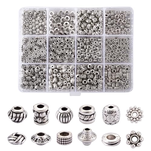 Craftdady 600Pcs Antique Silver Spacer Beads 12 Styles Tibetan Metal Barrel Tube Bicone Flat Round Snowflake Pumpkin Bead Spacers for Jewelry Making Hole: 2-3mm - color: 12 Styles, 600Pcs, Antique Silver