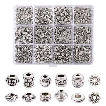Craftdady 600Pcs Antique Silver Spacer Beads 12 Styles Tibetan Metal Barrel Tube Bicone Flat Round Snowflake Pumpkin Bead Spacers for Jewelry Making Hole: 2-3mm - color: 12 Styles, 600Pcs, Antique Silver