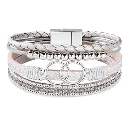 Bracelets for Women, Gifts for Mom Her Christmas Gift 2026 Leather Bracelets for Women Birthday Gift for Daughter Inspirational Wrap Bracelet Sister Friend Teen Girl Gift Layered Stocking Stuffers Jewelry - style: Silver
