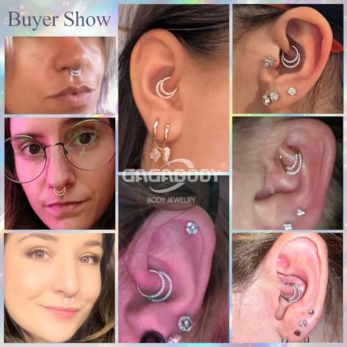 GAGABODY Septum Jewelry 16 Gauge Earrings Double Hoop Daith Earring Surgical Steel Hinged Nose Rings Nose Hoop Helix Tragus Rook Piercing - color: Style3:1pc Silver+Clear CZ