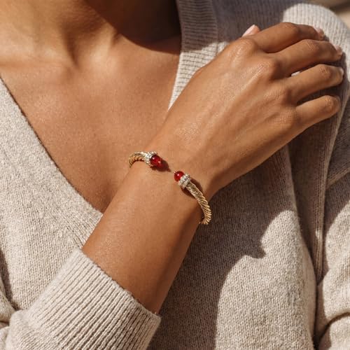 Fettero Gold Cuff Bangle Bracelets for Women - Adjustable Open Cuff Bangles 14K Gold Plated Charm Twisted Cable Bangle Bracelet for Mom Dainty Jewelry Gift - color: Red