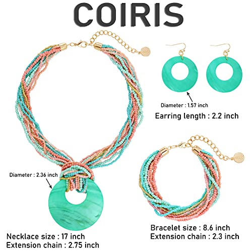 Coiris Multi Strand Statement Colorful Beaded Necklace with Big Circle Shell Pendant for Women - color: ST0012