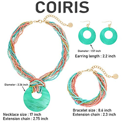 Coiris Multi Strand Statement Colorful Beaded Necklace with Big Circle Shell Pendant for Women - color: ST0012
