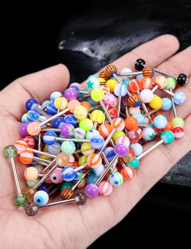 14G 100Pcs Colorful Ball Surgical Steel and Bioflex Flexible Acrylic Nipple Tongue Rings Piercing Jewelry 14 Gauge Straight Barbell Tongue Nipple Ring Piercing Jewelry Retainer For Women Men - size: 14G-16MM Surgical Steel Bar